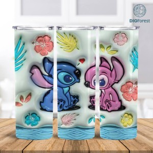 3D Inflated Blue And Pink Animal Character 20oz Straight Tumbler Design Sublimation, 3D Cartoon Movie Sublimation Wraps, Disney Angel and Stitch Tumbler Design Png