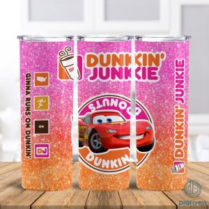 Disney Cars Dunkin Junkie Png Tumbler Wrap | Dunkin Junkie 20Oz Skinny Tumbler Design | Lightning Mcqueen Dunkin Junkie Tumbler Sublimation Png
