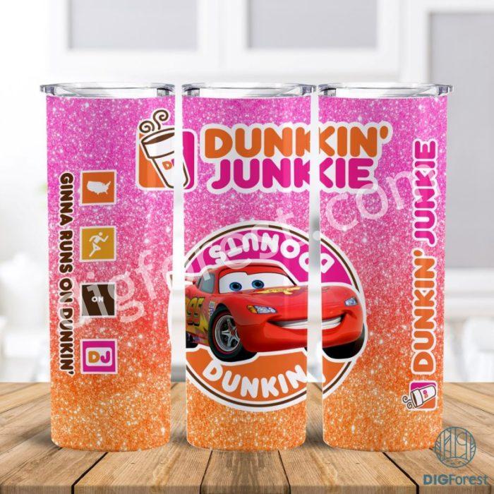 Disney Cars Dunkin Junkie Png Tumbler Wrap | Dunkin Junkie 20Oz Skinny Tumbler Design | Lightning Mcqueen Dunkin Junkie Tumbler Sublimation Png