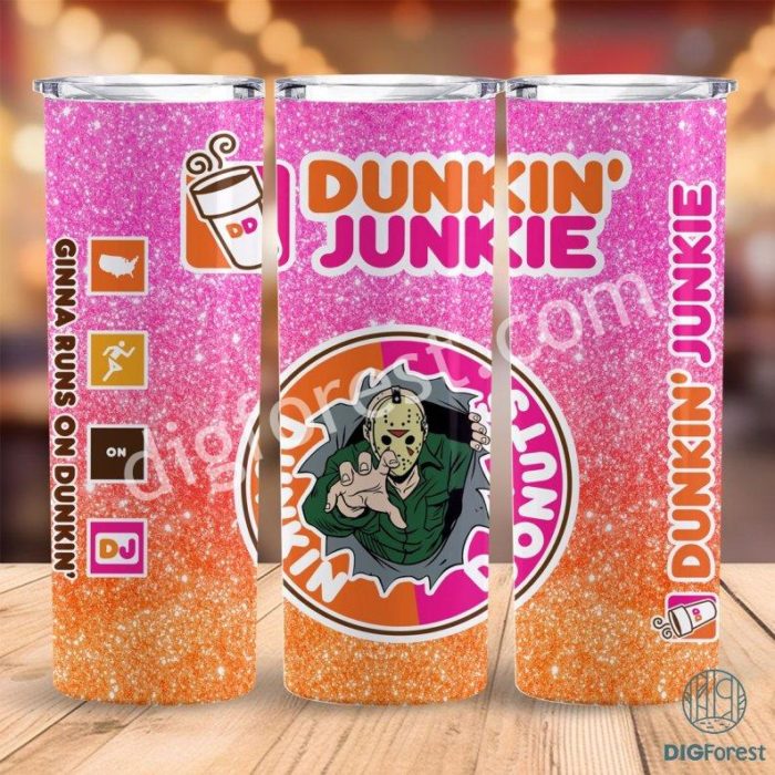 Jason Voorhees Dunkin Junkie Png Tumbler Wrap | Horror Movie 20Oz Skinny Tumbler Png | Horror Straight & Tapered Tumbler Digital Download