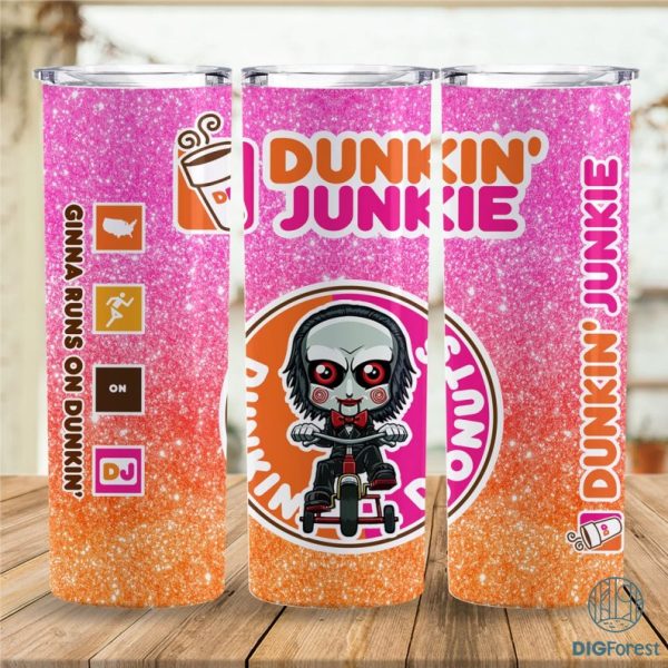 Jigsaw Dunkin Junkie Png Tumbler Wrap | Jigsaw Horror Movie 20Oz Skinny Tumbler Png | Horror Straight & Tapered Tumbler Sublimation Designs