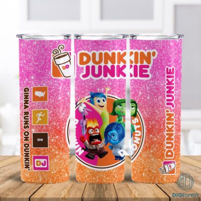 ‎Disney Inside Out Tumbler Dunkin Junkie Png Tumbler Wrap | Dunkin Junkie 20Oz Skinny Tumbler Png | ‎Inside Out Dunkie Junkie Png Tumbler Image