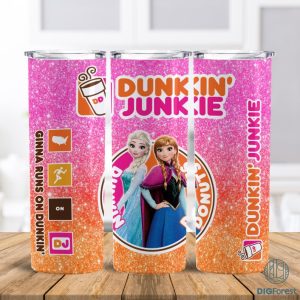 Disney Frozen Dunkin Junkie Png Tumbler Wrap | Princess Dunkin Junkie 20Oz Skinny Tumbler Design | Elsa Anna Princess Tumbler Png Sublimation