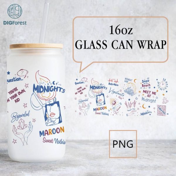 16oz Meet Me At Midnight Glass Can Wrap, Glass Can Wrap Png, Eras Merch Png, Midnights Concert Glass Can Wrap PNG