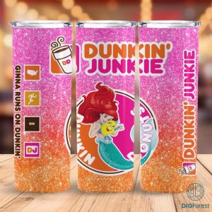Disney Ariel Princess Dunkin Junkie Png Tumbler Wrap | Dunkin Junkie Princess 20oz Skinny Tumbler Png | Little Mermaid Tumbler Instant Download