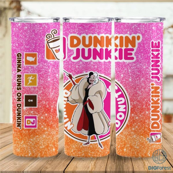 Disney Cruella Dunkin Junkie Png Tumbler Wrap | Villains Dunkin Junkie 20Oz Skinny Tumbler Design | Cruella de Vil Tumbler Sublimation Designs