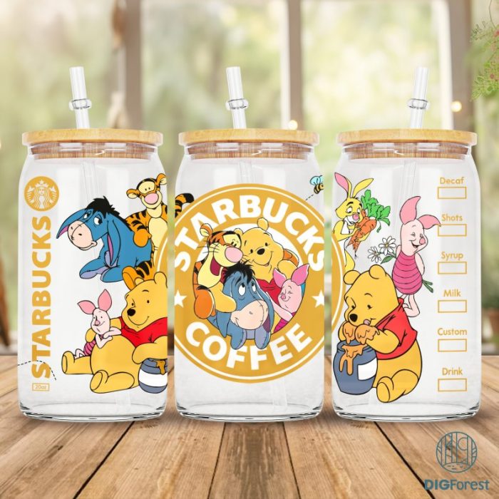 Disney Pooh and Friends 16oz Glass Can Wrap | 16oz Glass Can Wrap | Coffee Cartoon Glass Can Wrap | Full Glass Can Wrap | Cartoon Tumbler