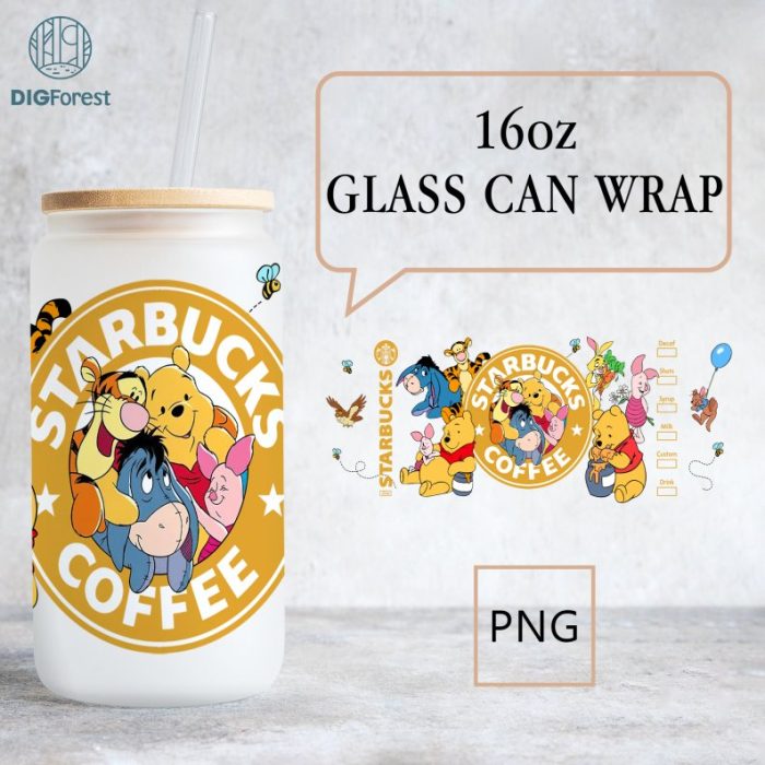 Disney Pooh and Friends 16oz Glass Can Wrap | 16oz Glass Can Wrap | Coffee Cartoon Glass Can Wrap | Full Glass Can Wrap | Cartoon Tumbler