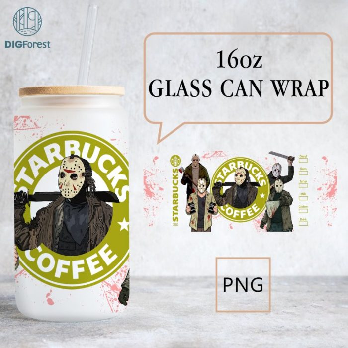 Jason Voorhees 16oz Libbey Can Glass PNG | Scary Movie Full Glass Can Wraps | Halloween PNG | Printable Design | Jason Voorhees Coffee Wrap