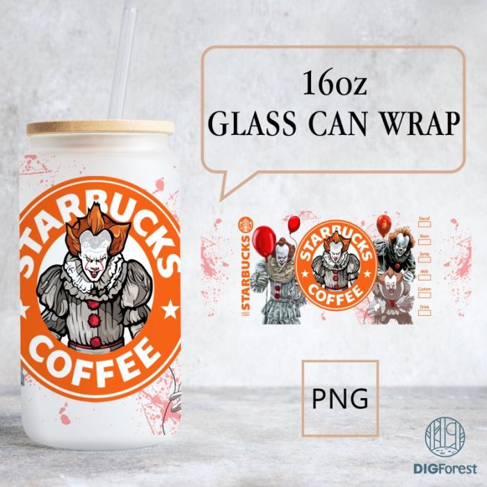 16oz Pennywise Halloween Glass Can Png | Pennywise Libby Glass Png | Horror Decor | Halloween Characters Glass | Michael Myers Drinkware Png