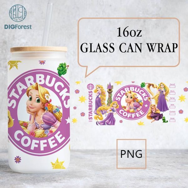 Disney Rapunzel Glass Can Tumbler Wrap PNG | Lost Princess 16oz Libbey Glass Sublimation Design | Princess Digital Download PNG