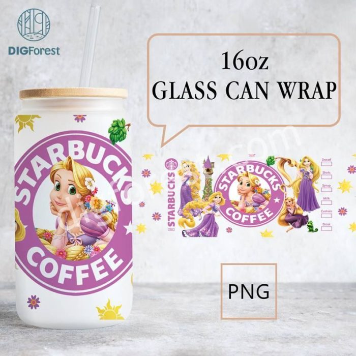 Disney Rapunzel Glass Can Tumbler Wrap PNG | Lost Princess 16oz Libbey Glass Sublimation Design | Princess Digital Download PNG