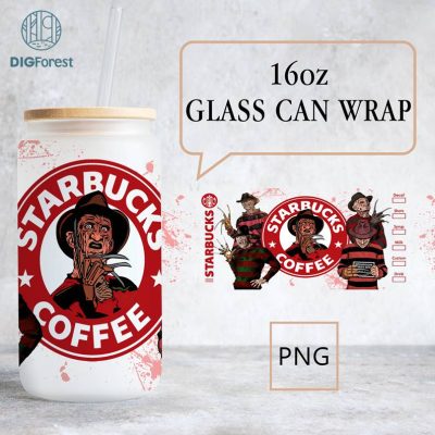 Freddy Krueger Halloween 16oz Glass Can Png | Freddy Krueger Libby Glass Png | Horror Decor | Halloween Glass | Freddy Krueger Drinkware Png