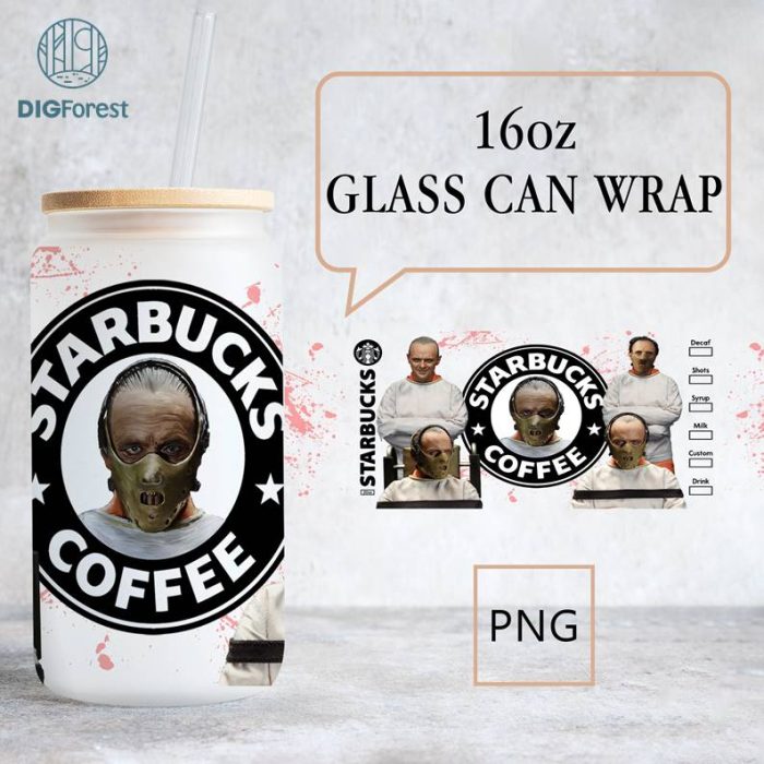 Hannibal Lecter Glass Wrap 16oz Png | Horror Movie 16oz Libbey Glass Can Wrap Png | Halloween Tumbler Glass Can Png Wrap | Digital Download