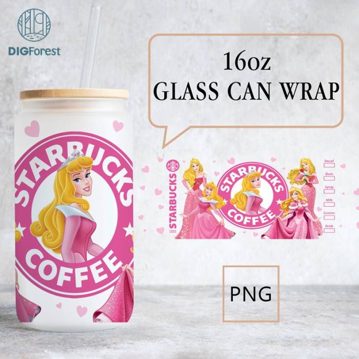 Disney Princess Aurora Glass Can Tumbler Wrap PNG | Sleeping Beauty 16oz Libbey Glass Sublimation Design | Princess Digital Download PNG