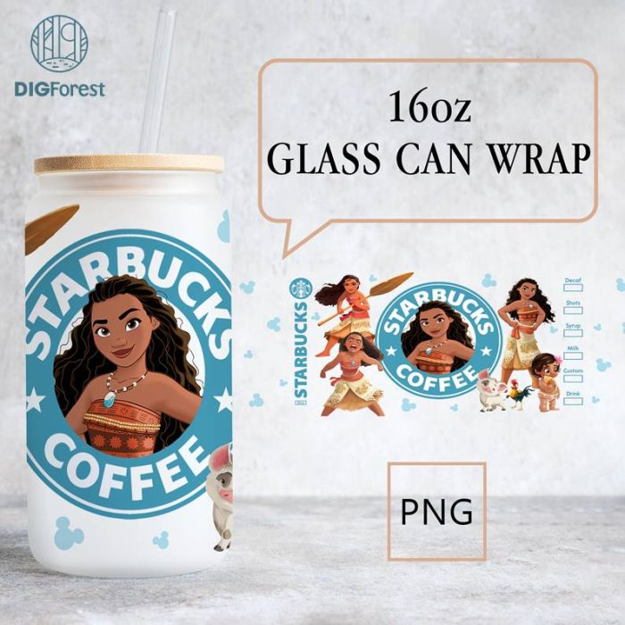 Disney Moana Coffee Cup 16 Oz Libbey Glass Can Wrap Png | Sublimation Digital Download | 16oz Iced Coffee Cup Png | Png Files For Sublimation