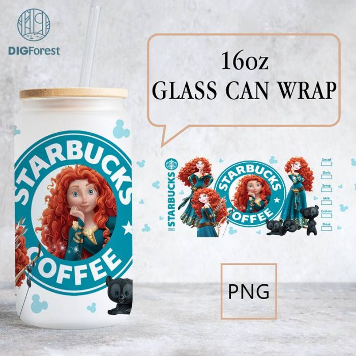 Disney 16oz Brave Glass Can, Merida Glass Can | Merida Tumbler | Princess Warrior Glass Can Full Wrap | Glass Can Wrap Png | Sublimation File Png