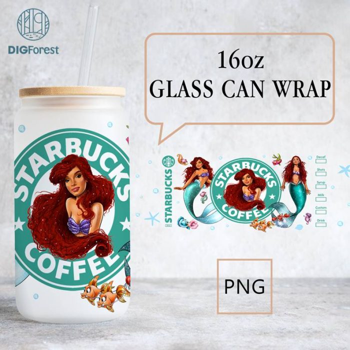 Disney Black Little Mermaid 16Oz Glass Can Wrap Png | Black Queen Mermaid Png | Black Girl Magic | Black Mermaid Png | Princess 16Oz Glass Can Png