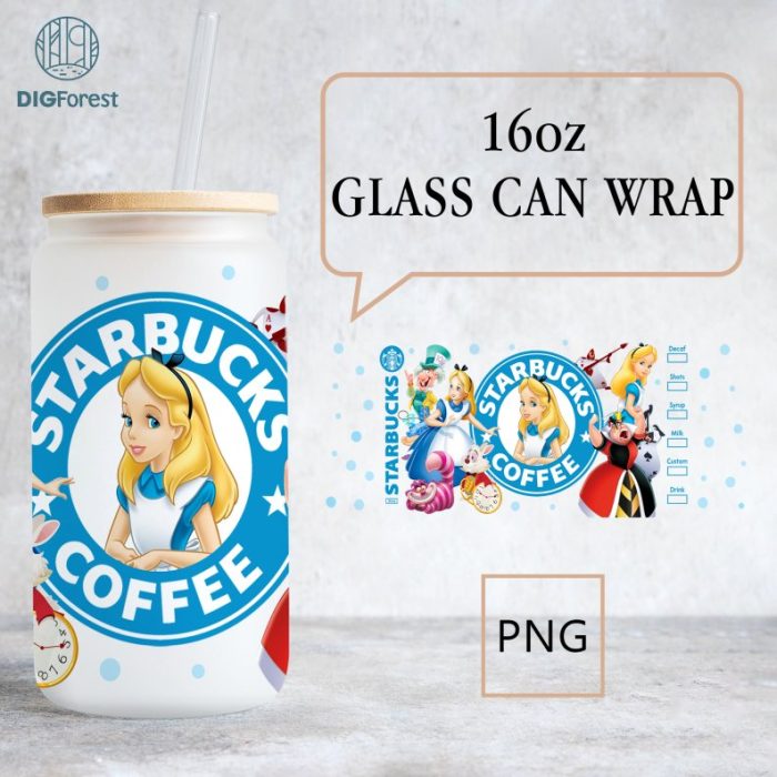 Disney Alice in Wonderland Coffee 16Oz Glass Can Wrap Png | Alice in Wonderland 16 Oz Libbey Glass Can Wrap | Vintage Disneyland Can Glass Png