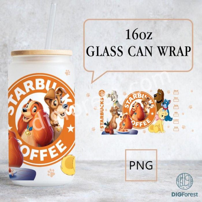 Disney Lady and the Tramp 16Oz Glass Can Wrap Png | 16oz Glass Can Png | 16oz Libbey Can Glass | Full Glass Can Wrap | Disneyland Love Dogs