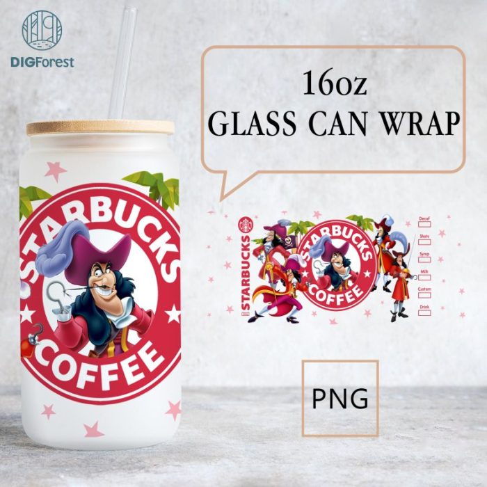 Disney Captain Hook 16oz Glass Can Wrap | Villains 16oz Libbey Can Glass | Full Glass Can Wrap | Magic Peter Pan Villain Wrap | Disneyland Png