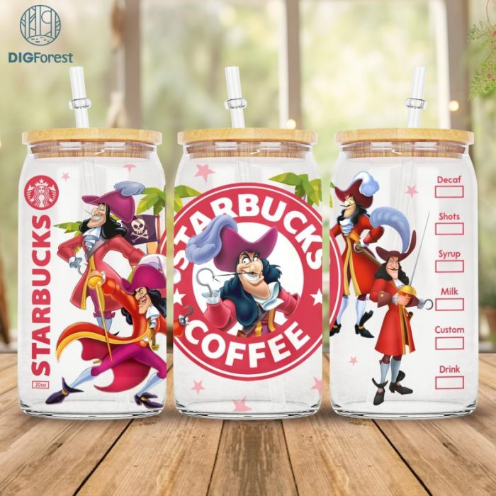 Disney Captain Hook 16oz Glass Can Wrap | Villains 16oz Libbey Can Glass | Full Glass Can Wrap | Magic Peter Pan Villain Wrap | Disneyland Png