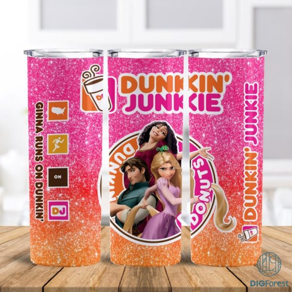 ‎Disney Tangled Rapunzel Dunkin Junkie Png Tumbler Wrap | Dunkin Junkie 20Oz Skinny Tumbler Design | Princess Dunkin Junkie Donut Coffee Tumbler