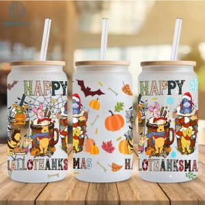 Disney Hallothanksmas Pooh 16oz Libbey Glass Can Wrap, Pooh Friends Halloween Fall PNG, Pooh Coffee Glass Wrap png, Trick Or Treat, Spooky Vibes