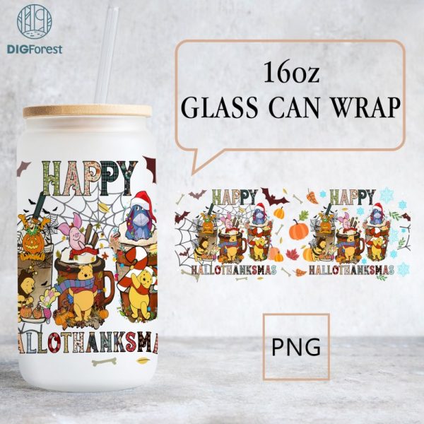 Disney Hallothanksmas Pooh 16oz Libbey Glass Can Wrap, Pooh Friends Halloween Fall PNG, Pooh Coffee Glass Wrap png, Trick Or Treat, Spooky Vibes