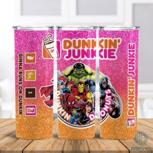 Avengers Dunkin Junkie Png Tumbler Wrap | Dunkin Junkie 20Oz Skinny Tumbler Design | Dunkin Junkie Donut Avengers Tumbler Sublimation Png