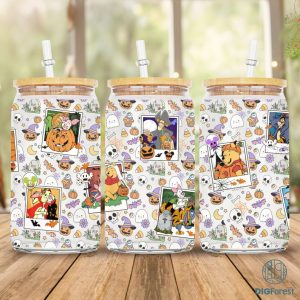 Disney Winnie The Pooh Coffee Glass Wrap Png, 16Oz Libbey Glass Can Wrap, Trick Or Treat, Spooky Vibes, Pooh Friends Halloween Fall Coffee Wrap Png
