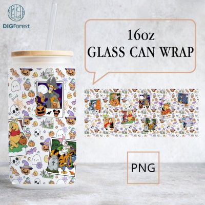 Disney Winnie The Pooh Coffee Glass Wrap Png, 16Oz Libbey Glass Can Wrap, Trick Or Treat, Spooky Vibes, Pooh Friends Halloween Fall Coffee Wrap Png