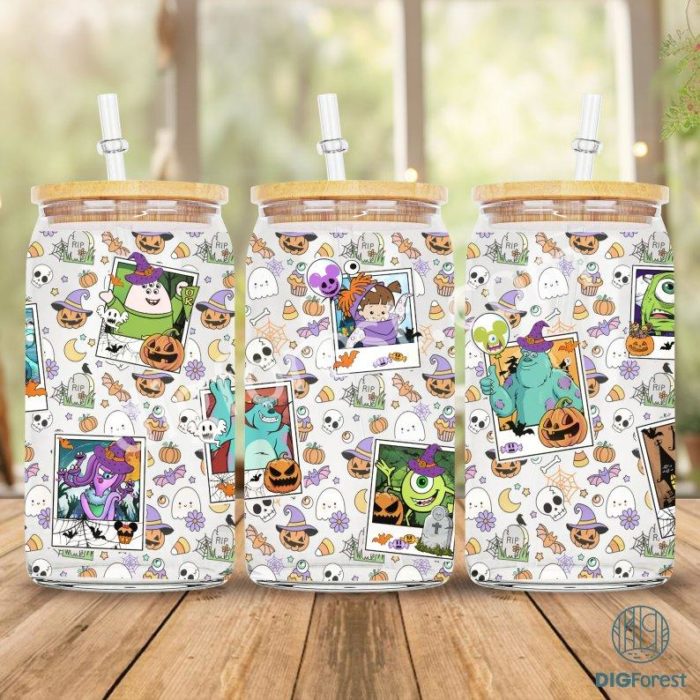 Disney Monster Inc Coffee Glass Wrap png, 16oz Libbey Glass Can Wrap, Trick Or Treat, Spooky Vibes, Tsum Tsum Monster Halloween Fall Coffee Wrap