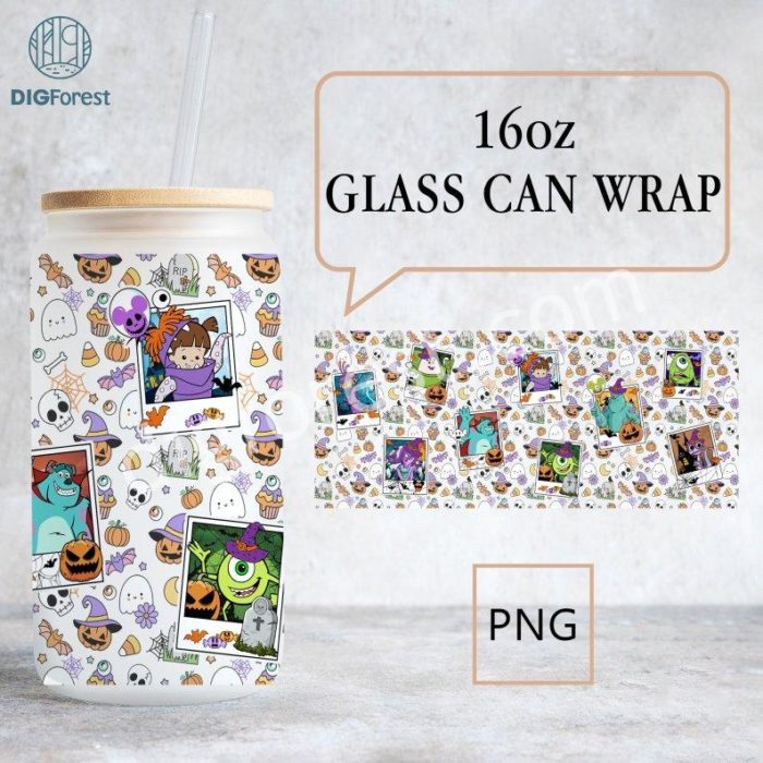 Disney Monster Inc Coffee Glass Wrap png, 16oz Libbey Glass Can Wrap, Trick Or Treat, Spooky Vibes, Tsum Tsum Monster Halloween Fall Coffee Wrap