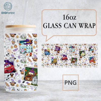 Disney Lightning Mcqueen Cars Halloween Team Glass Can, Cars 16Oz Libbey Glass Can Wrap, Spooky Halloween Costume, Trick R Treat Tumbler Wrap Png