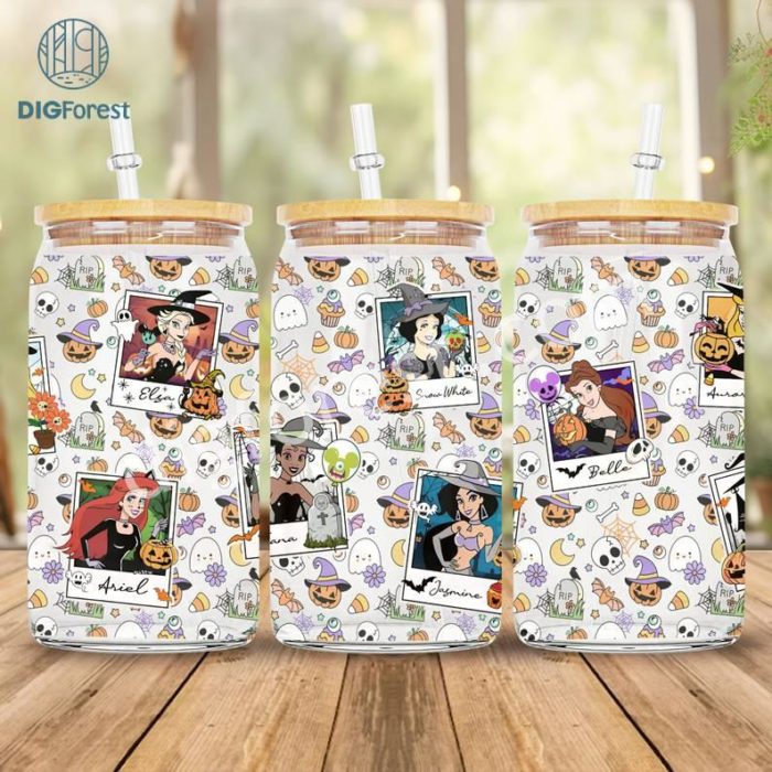 16oz Disney Princesses Halloween Glass Can Wrap | Halloween Png Wrap | Belle Snow White Ariel Tiana Aurora Png | Princesses Tumbler Princesses Png