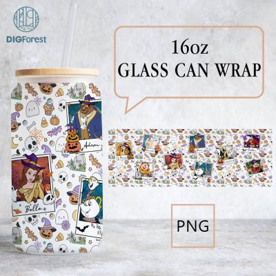 Disney Beauty and the Beast 16oz Libbey Glass Wrap | Libbey Glass Can | 16oz Libbey Glass Can Wrap | Beauty and Beast Characters | Halloween Png