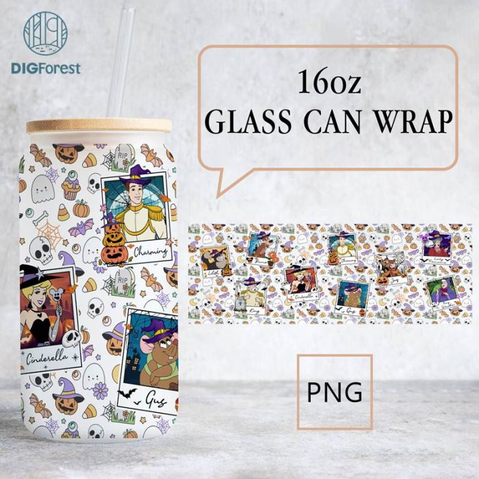 Disney Cinderella Princess 16oz Can Glass Wrap | Halloween Cinderella Characters Glass Wrap | Libbey Can Glass | Halloween Png | Trick or Treat png