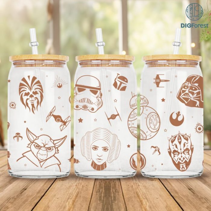 Starwars Characters 16Oz Libbey Glass Can Wrap Png | Baby Yoda Darth Vader Leia Princess Glass Wrap Png | Starwars Galaxy Tumbler Wrap Png