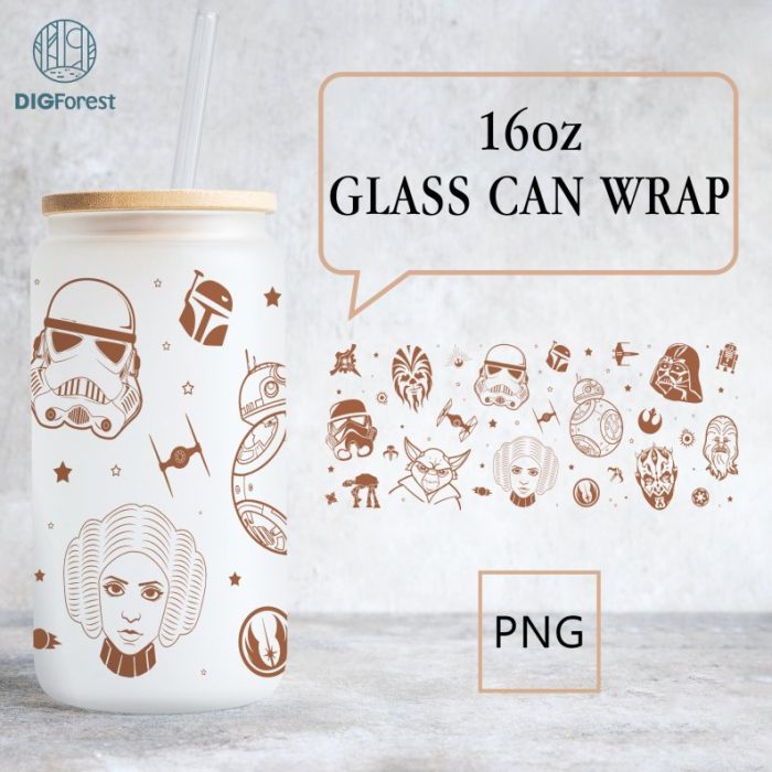 Starwars Characters 16Oz Libbey Glass Can Wrap Png | Baby Yoda Darth Vader Leia Princess Glass Wrap Png | Starwars Galaxy Tumbler Wrap Png