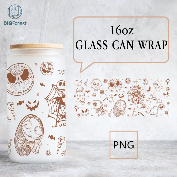 Halloween Coffee Nightmare Before Christmas 16oz Glass Wrap, Christmas Movie 16oz Libbey Glass Wrap Png, Halloween Glass Wrap Can Glass Wrap