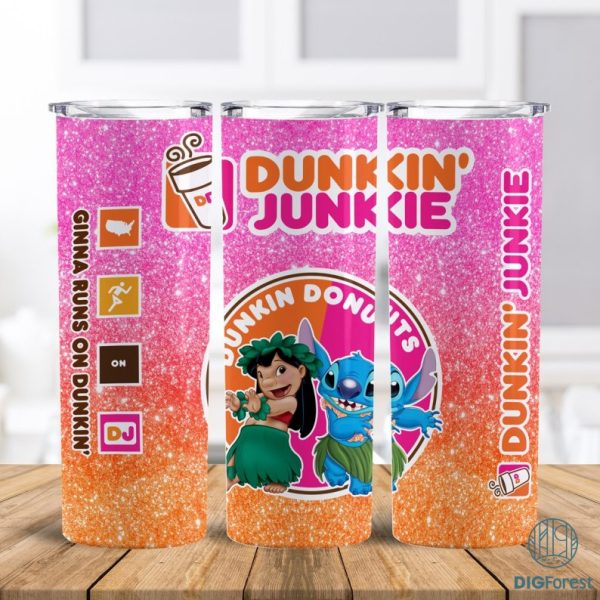Disney Stitch Dunkin Junkie Png Tumbler Wrap | Dunkin Junkie Stitch 20Oz Skinny Tumbler Design | Dunkin Junkie Donut Stitch Coffee Tumbler Designs