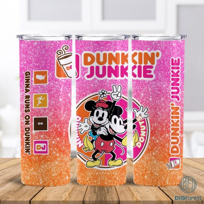 Disney Mickey & friends Dunkin Junkie Png Tumbler Wrap | Dunkin Junkie Mickey 20Oz Skinny Tumbler Design | Straight & Tapered Tumbler Sublimation