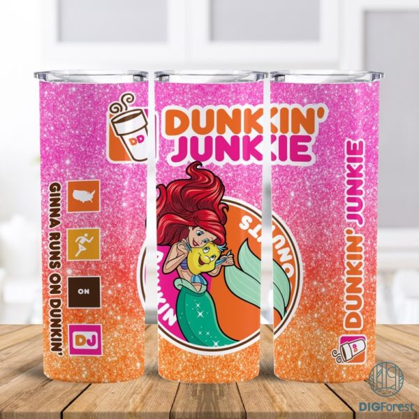 Disney Little Mermaid Dunkin Junkie Png Tumbler Wrap | Ariel and Flounder Dunkin Junkie 20Oz Skinny Tumbler Design | Princess Coffee Tumbler Design