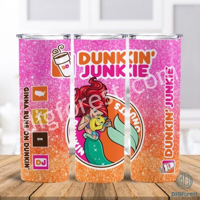 Disney Little Mermaid Dunkin Junkie Png Tumbler Wrap | Ariel and Flounder Dunkin Junkie 20Oz Skinny Tumbler Design | Princess Coffee Tumbler Design