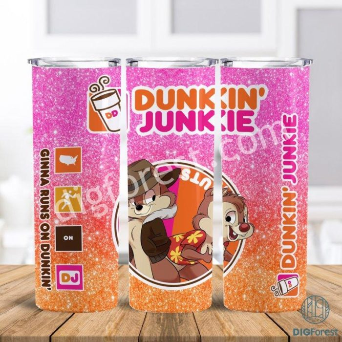 Disney Chip and Dale Dunkin Junkie Png Tumbler Wrap | Dunkin Junkie 20Oz Skinny Tumbler Design | Chip 'n Dale Rescue Rangers Coffee Tumbler Wraps