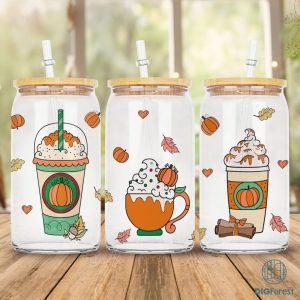 Fall Coffee Pumpkin Spice Latte 16 oz Libbey Glass Can Tumbler Sublimation Design | Warm Cozy Autumn Orange Pumpkin | Can Tumbler Design PNG