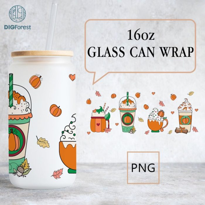 Fall Coffee Pumpkin Spice Latte 16 oz Libbey Glass Can Tumbler Sublimation Design | Warm Cozy Autumn Orange Pumpkin | Can Tumbler Design PNG