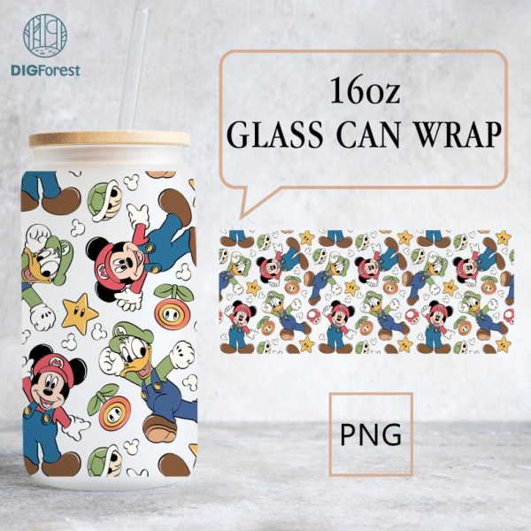 Mario with Mickey Friends 16 oz Libbey Glass Can Sublimation Design | Disney Mickey and Friends Glass Can Png | Mickey Minnie Libbey Glass Wrap