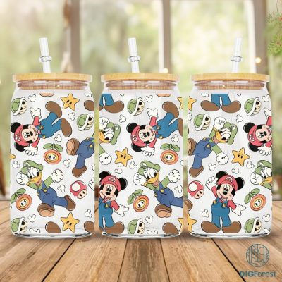 Mario with Mickey Friends 16 oz Libbey Glass Can Sublimation Design | Disney Mickey and Friends Glass Can Png | Mickey Minnie Libbey Glass Wrap